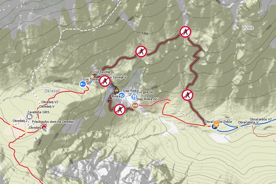 ZAČASNO ZAPRTA POT | pot na Okrešelj mimo slapu Rinka